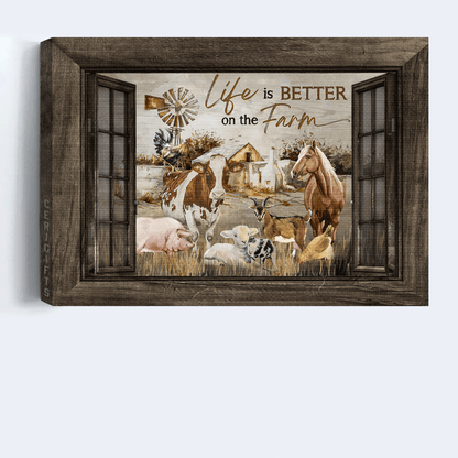Family Premium Wrapped Landscape Canvas - Farm Animal, Dairy Cow, Brown Horse, Rooster Chicken, Life Is Better On The Farm - Gift For Members Family - Amzanimalsgift
