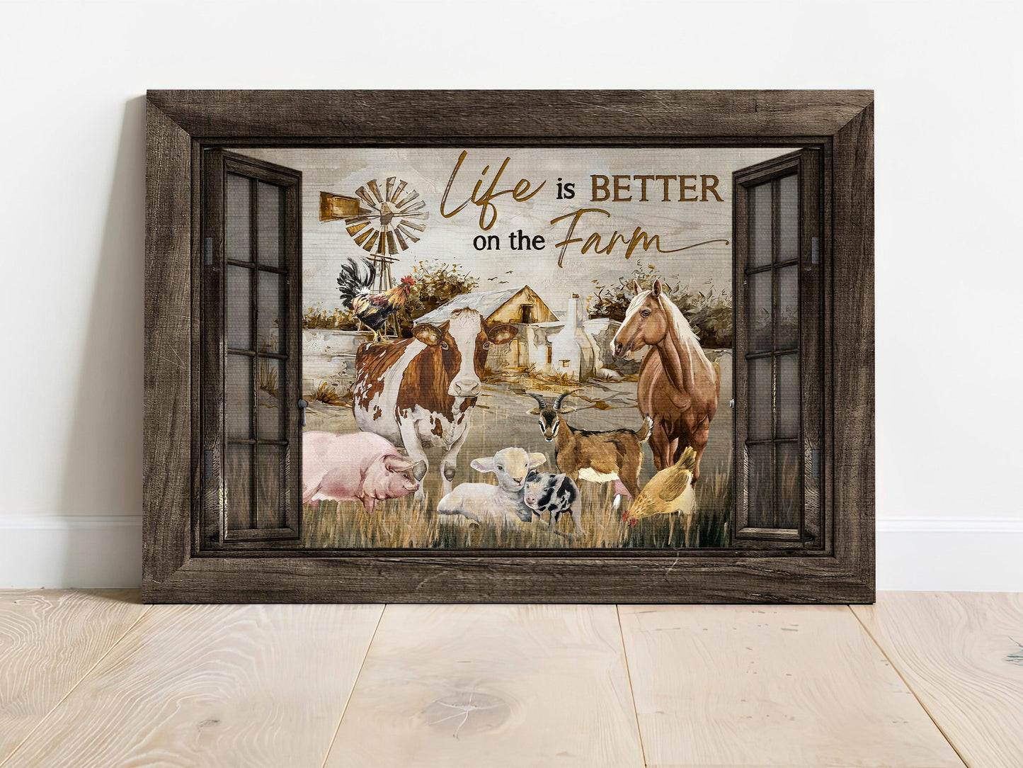 Family Premium Wrapped Landscape Canvas - Farm Animal, Dairy Cow, Brown Horse, Rooster Chicken, Life Is Better On The Farm - Gift For Members Family - Amzanimalsgift