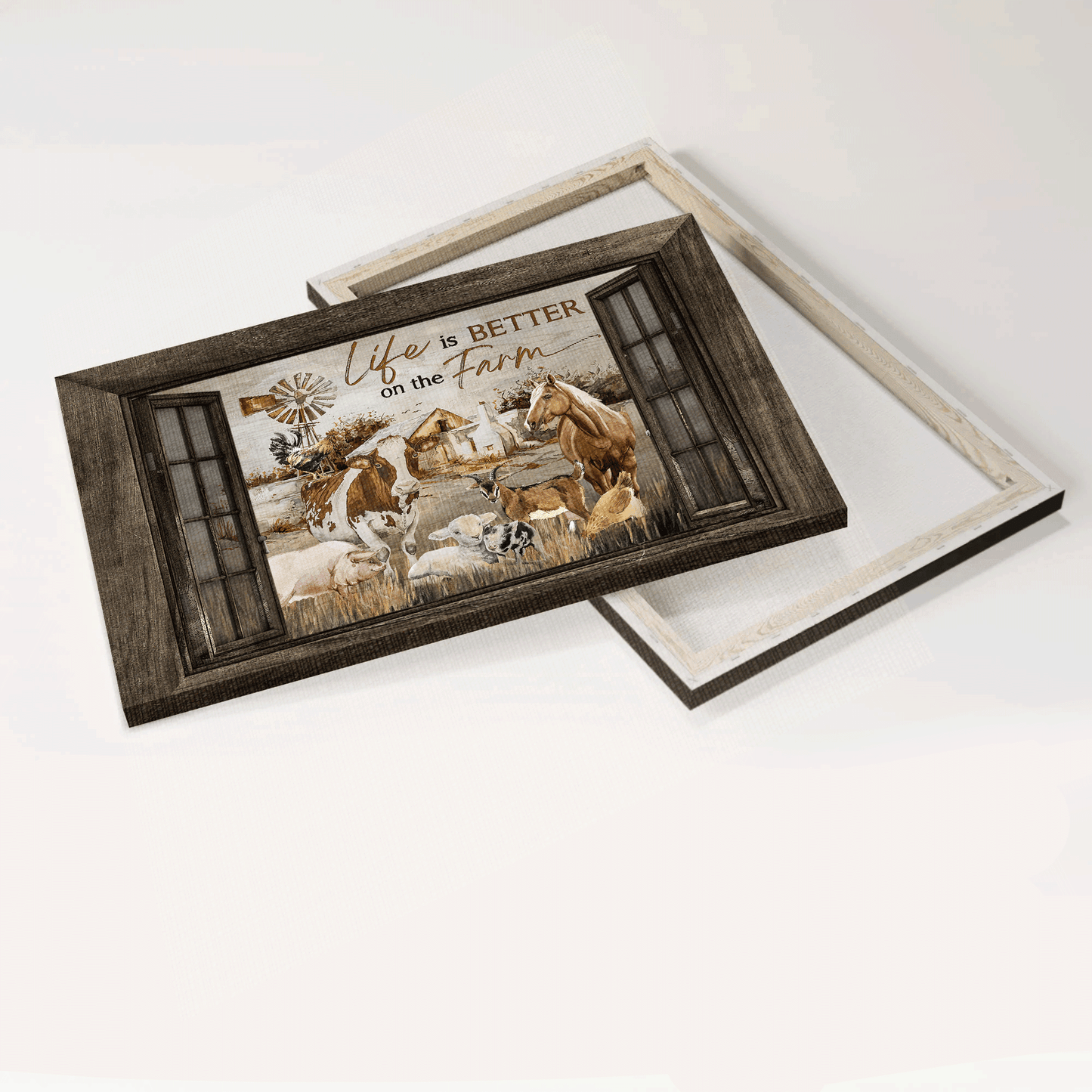 Family Premium Wrapped Landscape Canvas - Farm Animal, Dairy Cow, Brown Horse, Rooster Chicken, Life Is Better On The Farm - Gift For Members Family - Amzanimalsgift