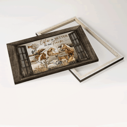 Family Premium Wrapped Landscape Canvas - Farm Animal, Dairy Cow, Brown Horse, Rooster Chicken, Life Is Better On The Farm - Gift For Members Family - Amzanimalsgift