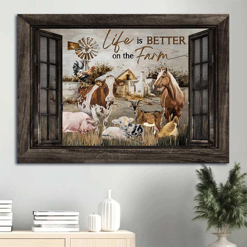 Family Premium Wrapped Landscape Canvas - Farm Animal, Dairy Cow, Brown Horse, Rooster Chicken, Life Is Better On The Farm - Gift For Members Family - Amzanimalsgift