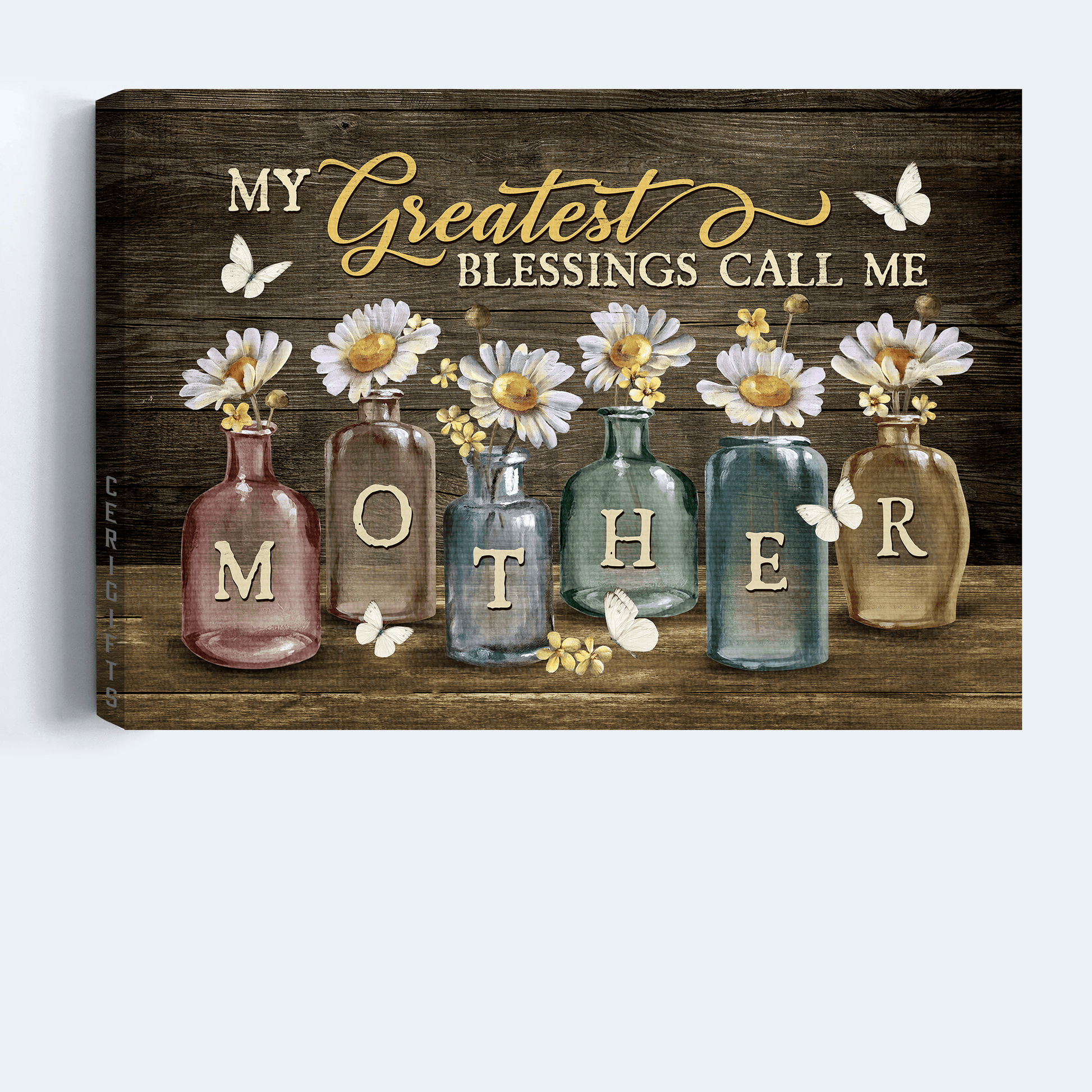 Family Premium Wrapped Landscape Canvas - Lovely Daisy Vase, White Butterfly, Happy Family, My Greatest Blessings Call Me Mother - Gift For Mother - Amzanimalsgift