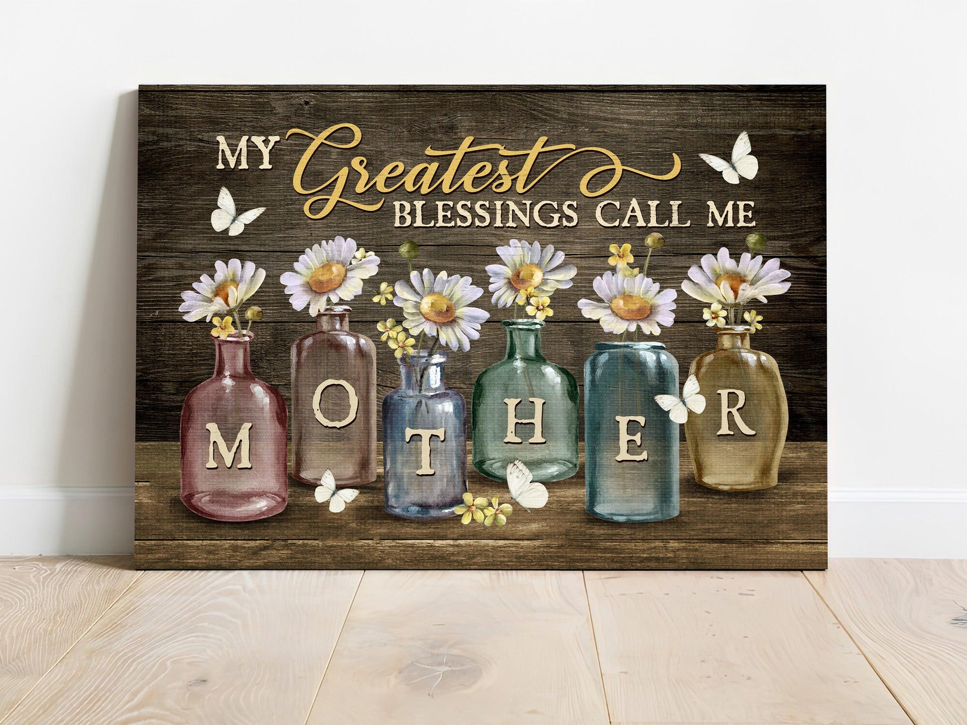 Family Premium Wrapped Landscape Canvas - Lovely Daisy Vase, White Butterfly, Happy Family, My Greatest Blessings Call Me Mother - Gift For Mother - Amzanimalsgift