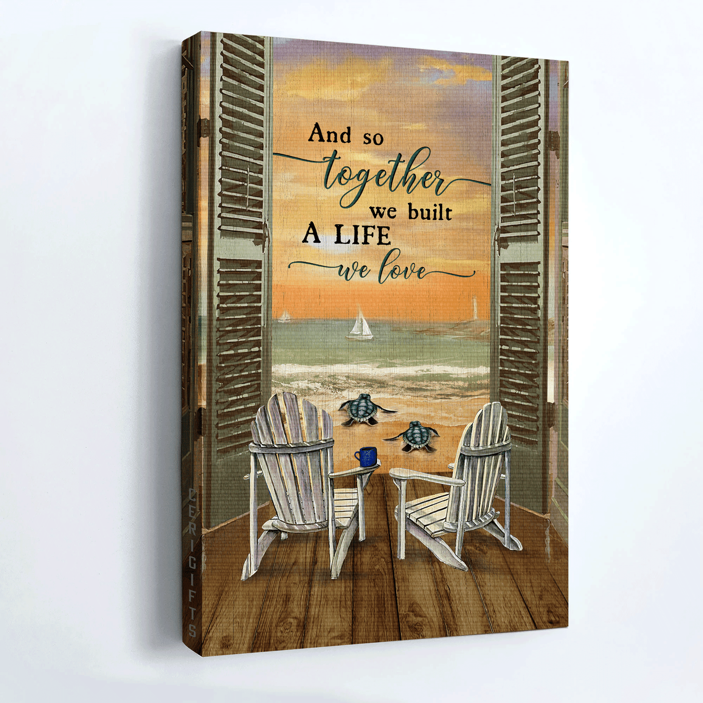 Family Premium Wrapped Portrait Canvas - Beach Chair, Sea Turtle, Sunset Ocean, And So Together We Built A Life We Love - Gift For Members Family - Amzanimalsgift