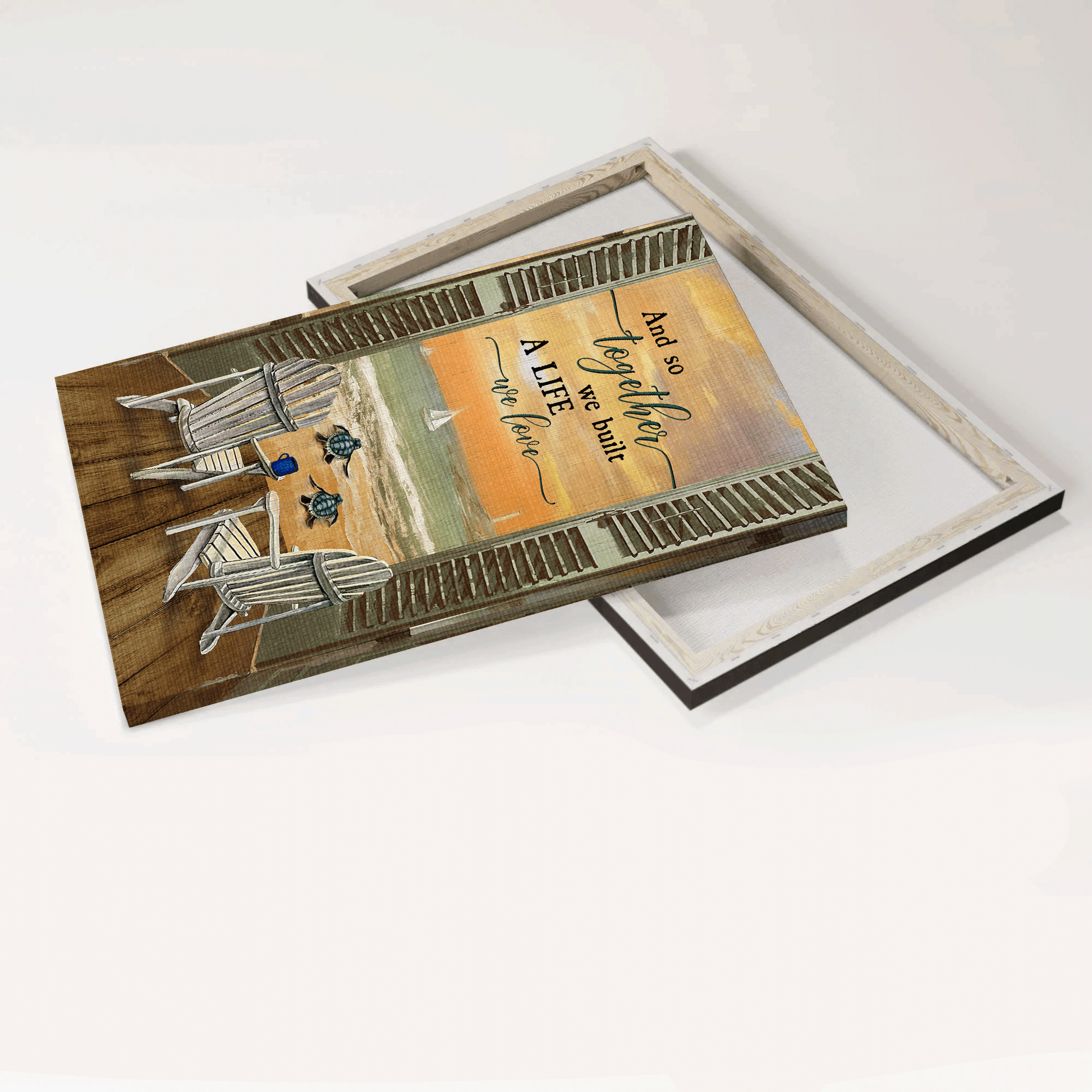 Family Premium Wrapped Portrait Canvas - Beach Chair, Sea Turtle, Sunset Ocean, And So Together We Built A Life We Love - Gift For Members Family - Amzanimalsgift