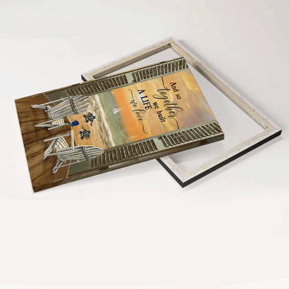Family Premium Wrapped Portrait Canvas - Beach Chair, Sea Turtle, Sunset Ocean, And So Together We Built A Life We Love - Gift For Members Family - Amzanimalsgift