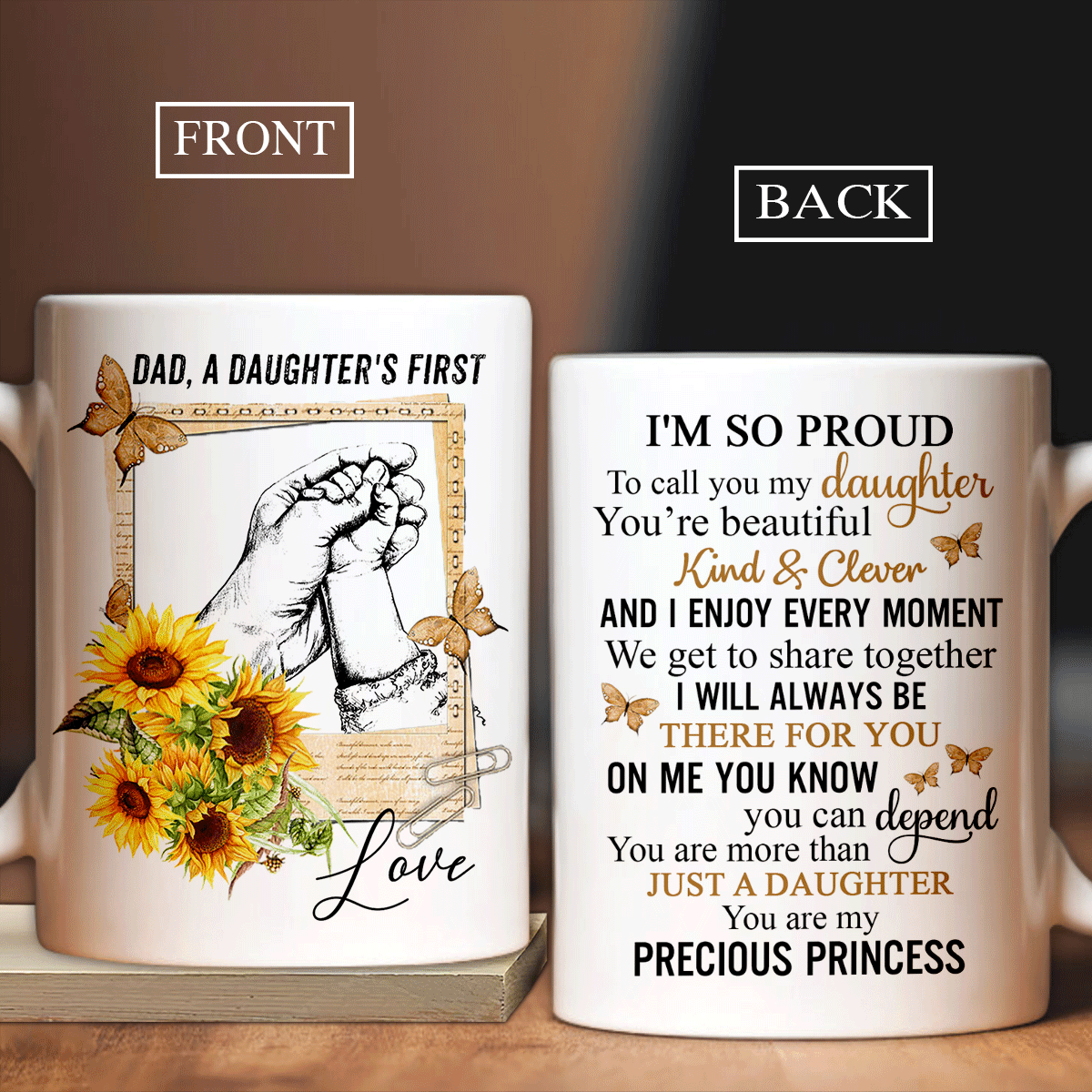 Family White Mug, Daughter And Dad Mug - Holding Little Hand Mug, Sunflower Mug, You Are My Precious Princess Mug - Gifts For Daughter From Dad - Amzanimalsgift