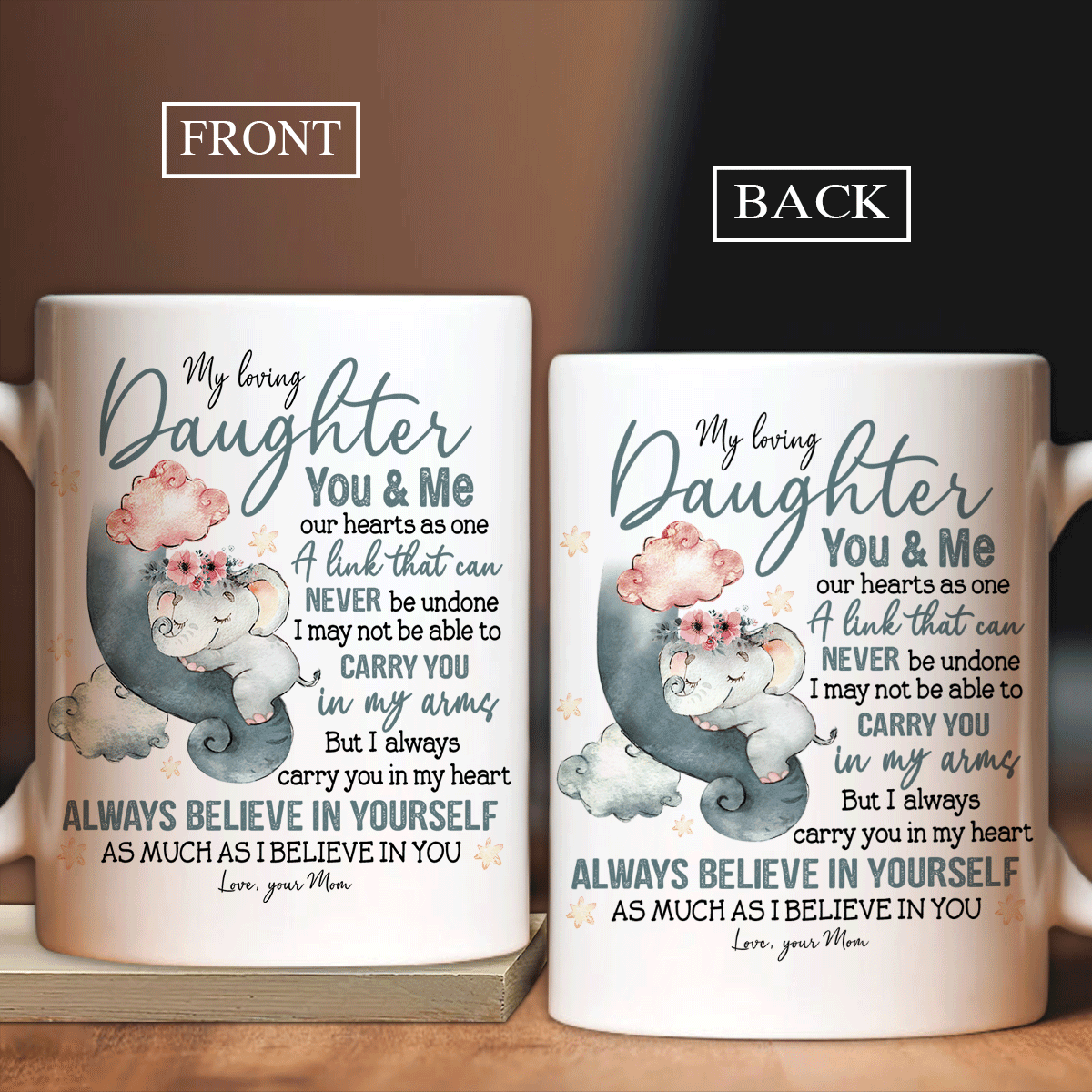 Family White Mug, Daughter And Mom Mug - Gifts For Daughter From Mom - Mom To Daughter, Elephant Watercolor, I Always Carry You In My Heart Mug - Amzanimalsgift