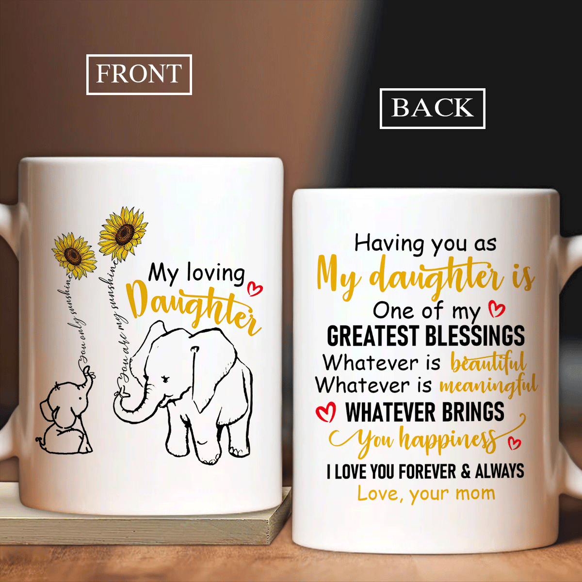 Family White Mug, Daughter And Mom Mug - Gifts For Daughter From Mom - Sunflower, Cute Elephant Drawing, You Are My Greatest Blessing Mug - Amzanimalsgift