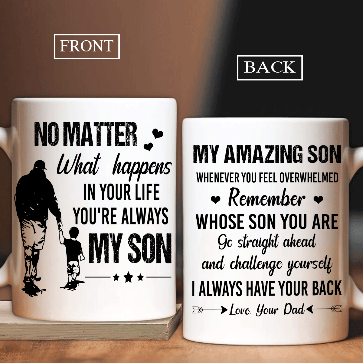 Family White Mug, Son And Dad Mug - Son And Dad Holding Hand Mug, Black And White Painting, I Always Have Your Back Mug - Gifts For Son From Dad - Amzanimalsgift