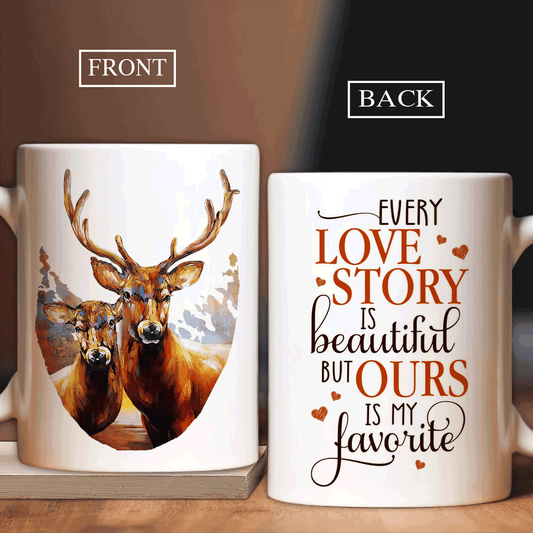 Family White Mug - Watercolor deer, Gift for lover, Red heart Family Mug - Gift For Family - Every love story is beautiful but ours is my favorite Mug - Amzanimalsgift