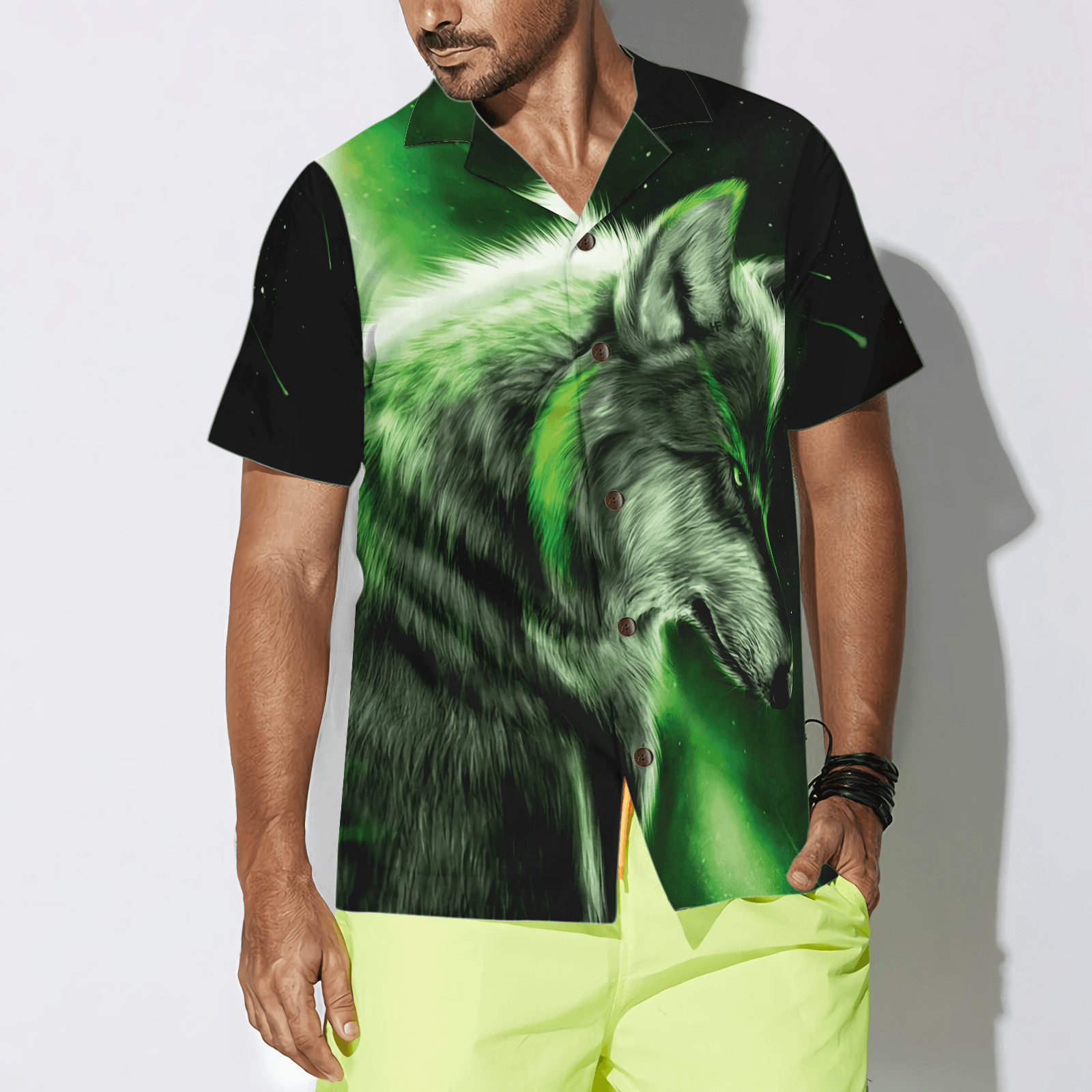 Fantasy Green Wolf Hawaiian Shirt - Wolf And Sky Night , Perfect Gift For Wolf Lovers, Husband, Boyfriend, Friend, Family - Amzanimalsgift