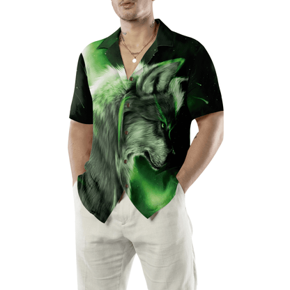 Fantasy Green Wolf Hawaiian Shirt - Wolf And Sky Night , Perfect Gift For Wolf Lovers, Husband, Boyfriend, Friend, Family - Amzanimalsgift