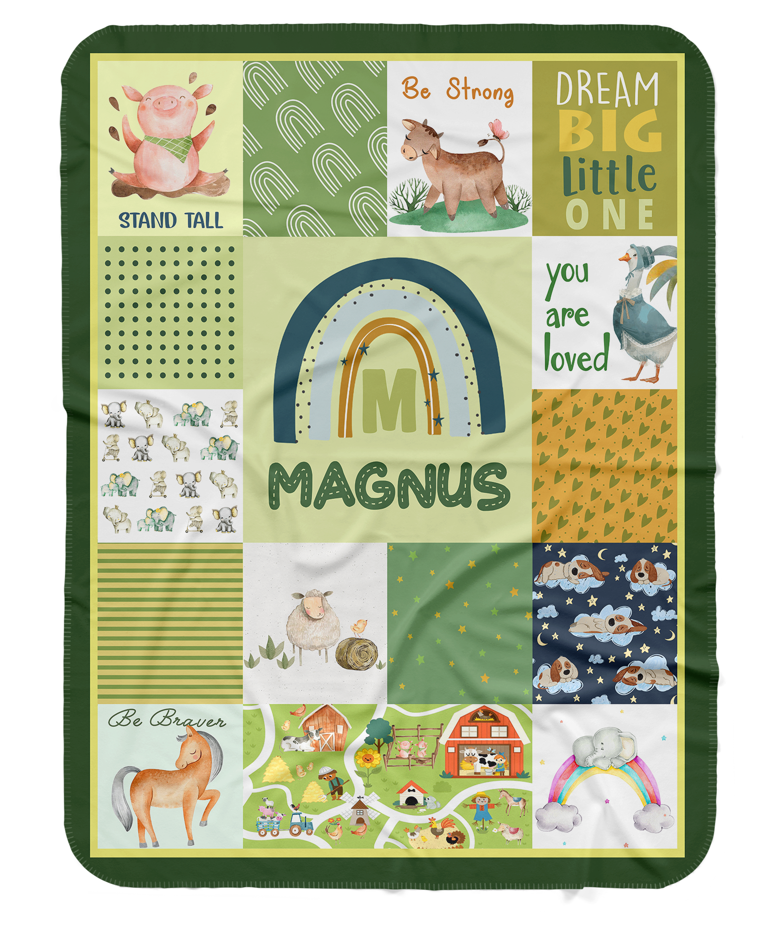 Farm Animals Rainbow Green Baby Kids Blanket With Personalized Name, Awesome Gift For Son, Grandson, Daughter, Granddaughter