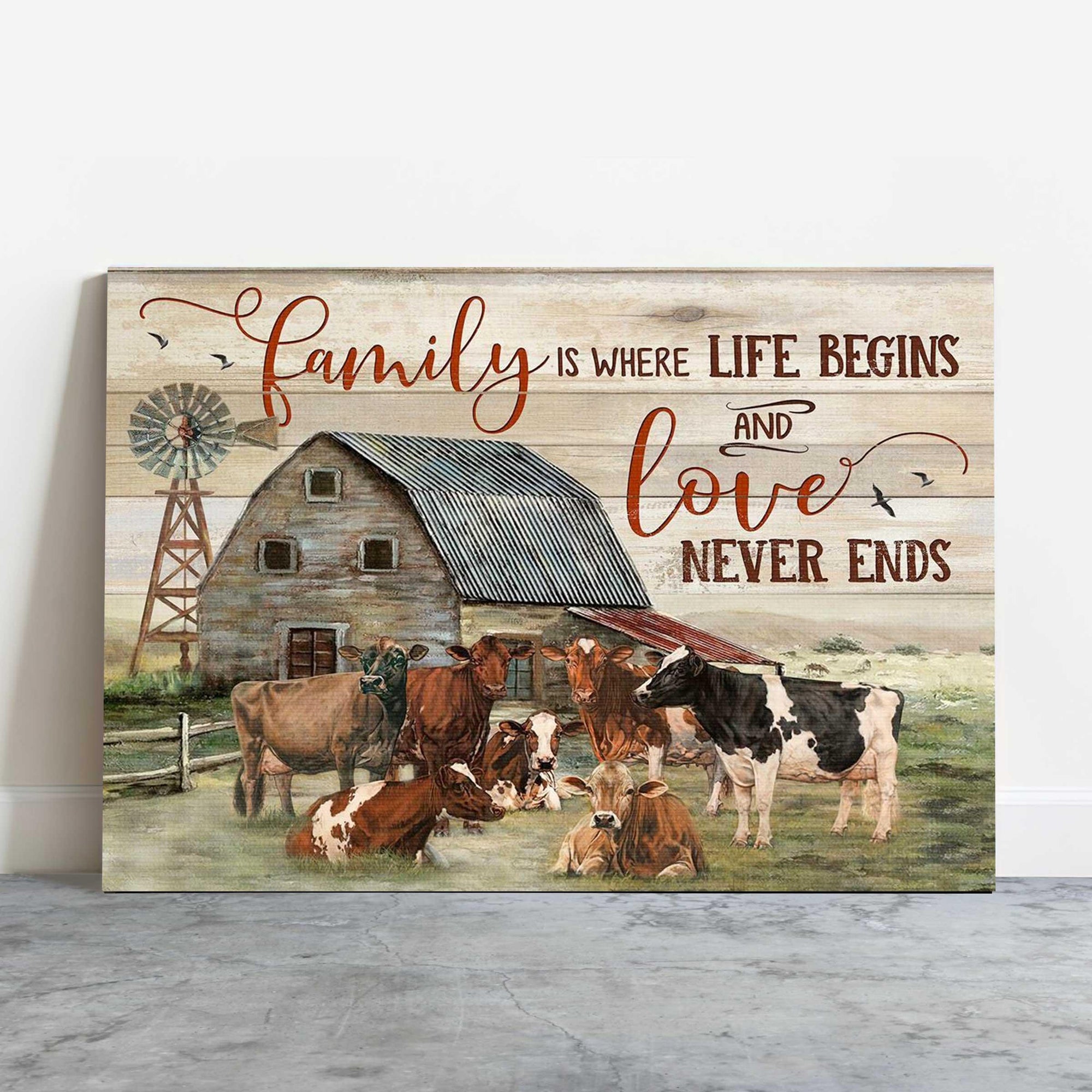 Farm House Portrait Canvas - Cow On Farm Family Is Where Life Begins, And Love Never Ends Canvas - Perfect Gift For Farmer, Cow Lover - Amzanimalsgift