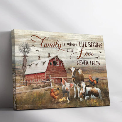 Farm Premium Wrapped Landscape Canvas - Peace Farm, Old Barn, Dairy Cow, Family Is Where Life Begins - Perfect Gift For Farm Lovers - Amzanimalsgift