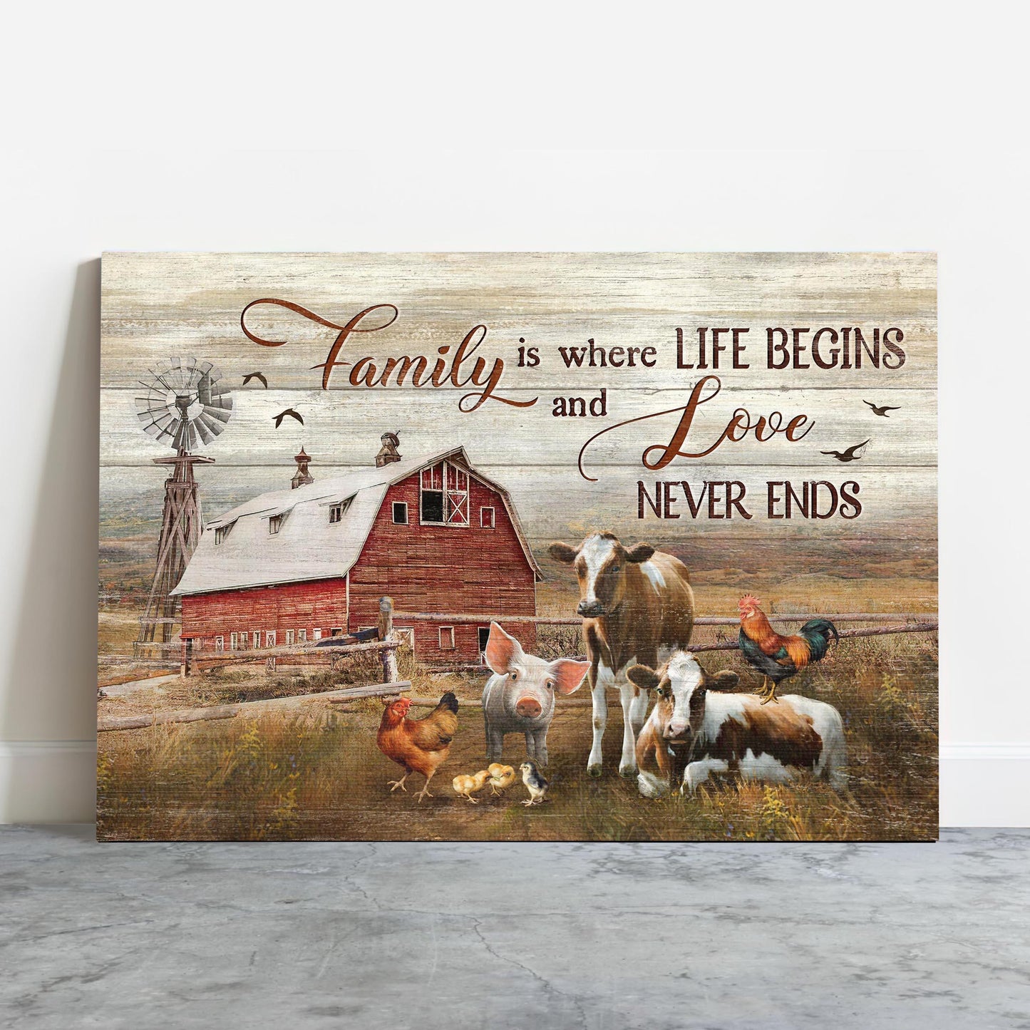 Farm Premium Wrapped Landscape Canvas - Peace Farm, Old Barn, Dairy Cow, Family Is Where Life Begins - Perfect Gift For Farm Lovers - Amzanimalsgift