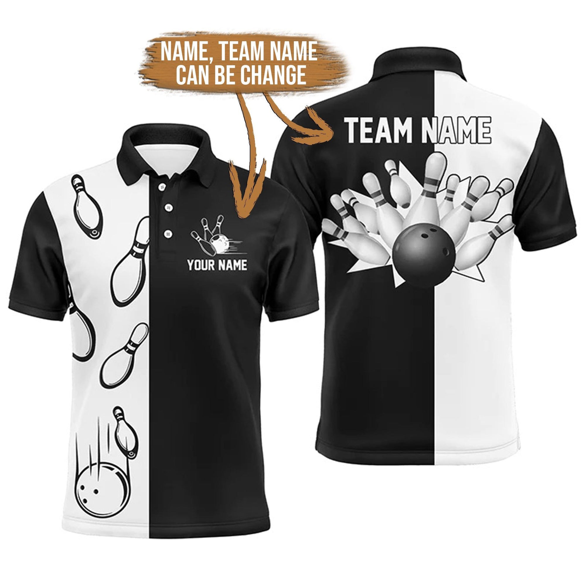 Bowling Custom Men Polo Shirt - Custom Name Black and white retro vintage Bowling Personalized Bowling Polo Shirt - Gift For Friend, Family
