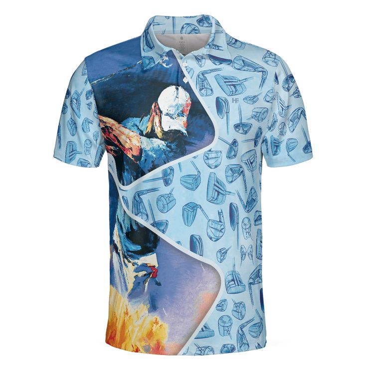 Men Golf Polo Shirt - Golf Swing Abstract With Golf Club Header Pattern Golf Polo Shirt, Sky Blue Golf Shirt For Men, Golfers