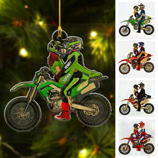 Personalized Couple Hug On Dirt Bike Flat Acrylic Ornament, Meaningful Ornament Gifts For Couple Partners Love Dirt Bike