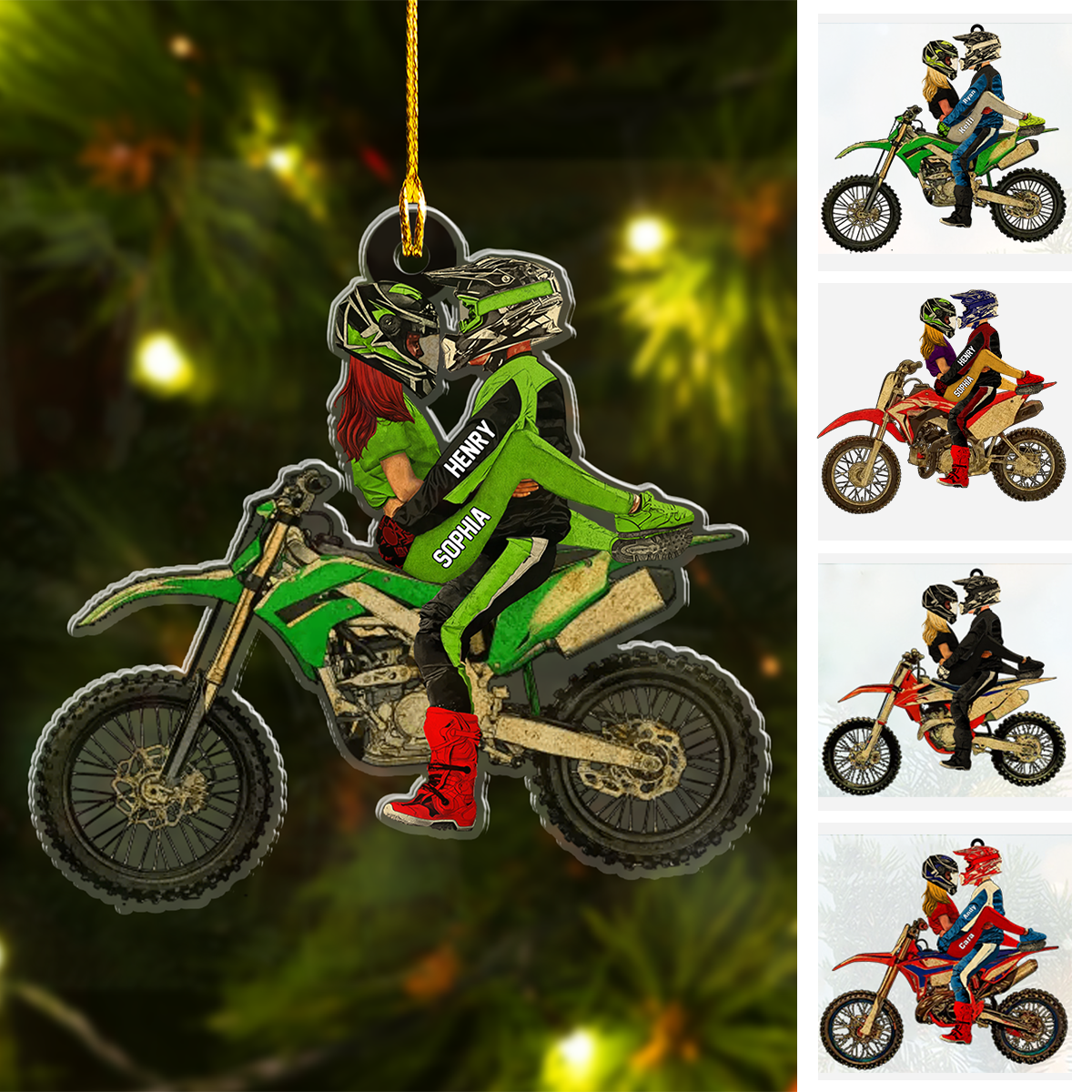 Personalized Couple Hug On Dirt Bike Flat Acrylic Ornament, Meaningful Ornament Gifts For Couple Partners Love Dirt Bike