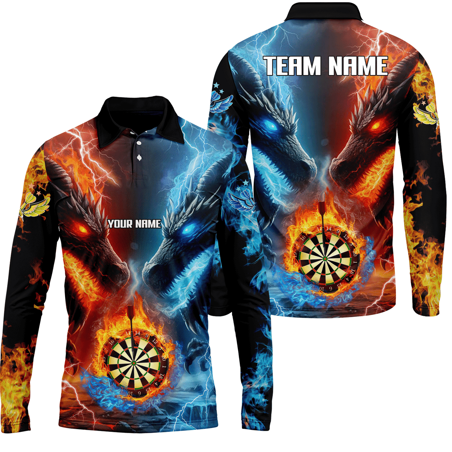 Custom Darts Team Uniform Jersey Darts Fire Ice Dragon Dartboard Unisex Polo Shirts, Darts Player Uniform, Personalized Name And Team Name