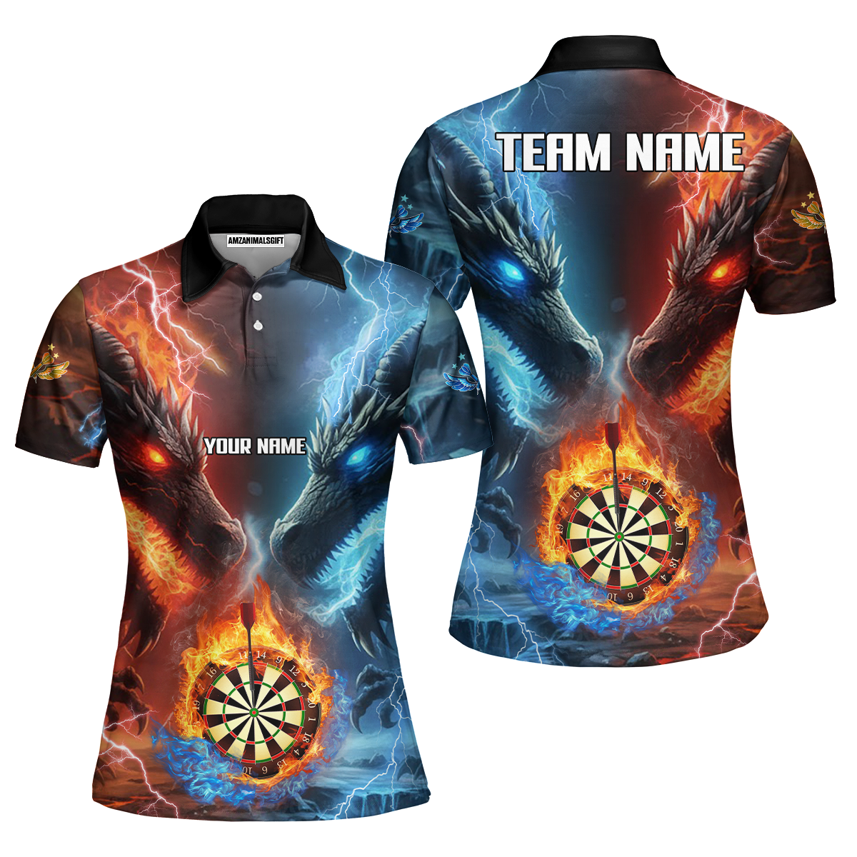Custom Darts Team Uniform Jersey Darts Fire Ice Dragon Dartboard Unisex Polo Shirts, Darts Player Uniform, Personalized Name And Team Name