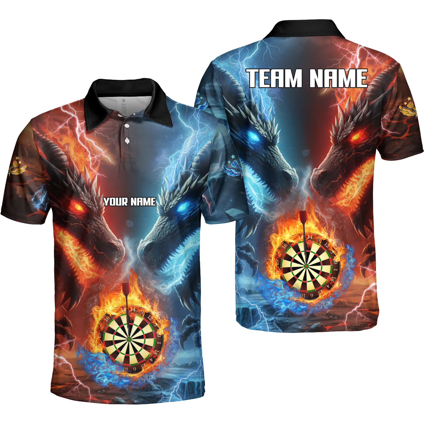 Custom Darts Team Uniform Jersey Darts Fire Ice Dragon Dartboard Unisex Polo Shirts, Darts Player Uniform, Personalized Name And Team Name