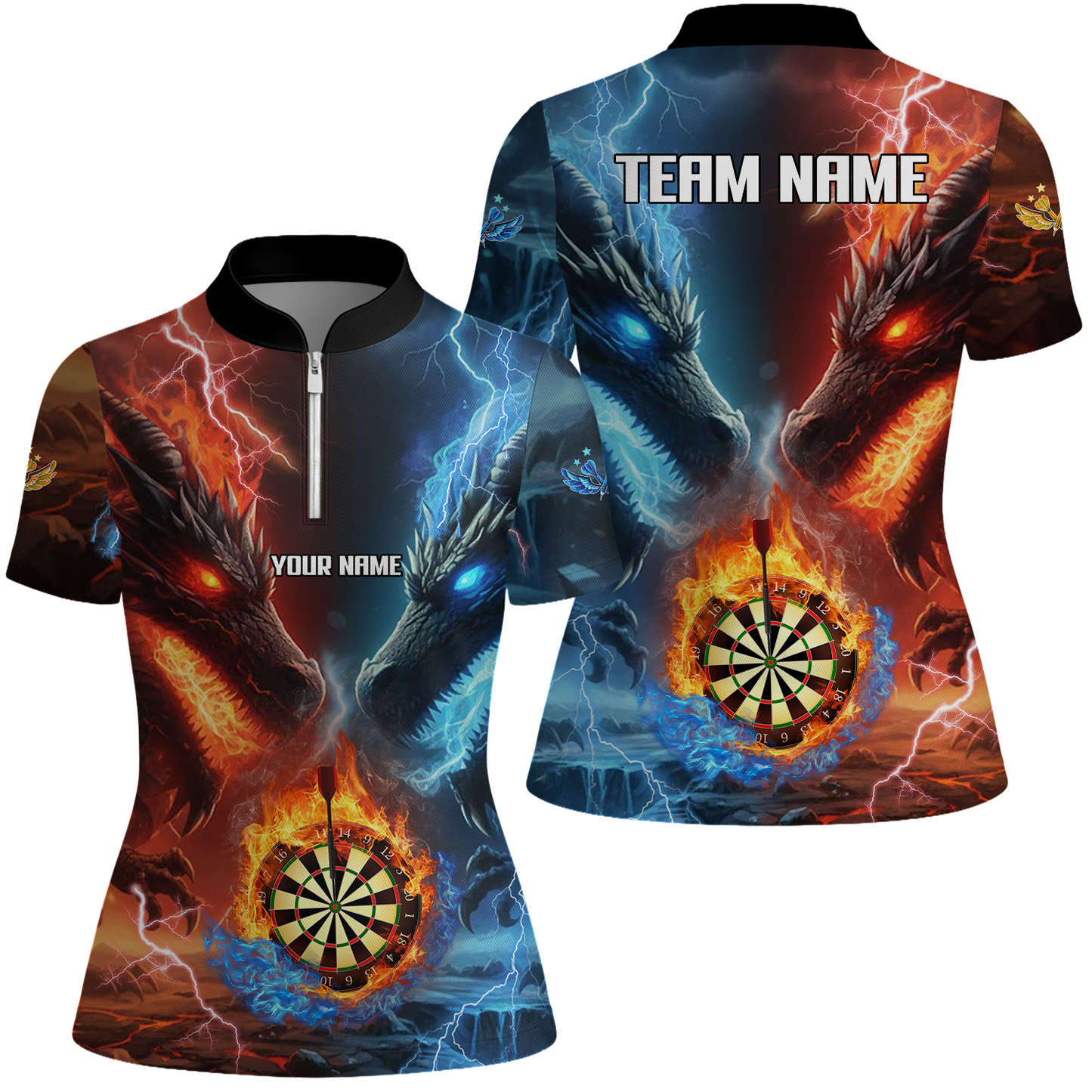Custom Darts Team Uniform Jersey Darts Fire Ice Dragon Dartboard Unisex Polo Shirts, Darts Player Uniform, Personalized Name And Team Name
