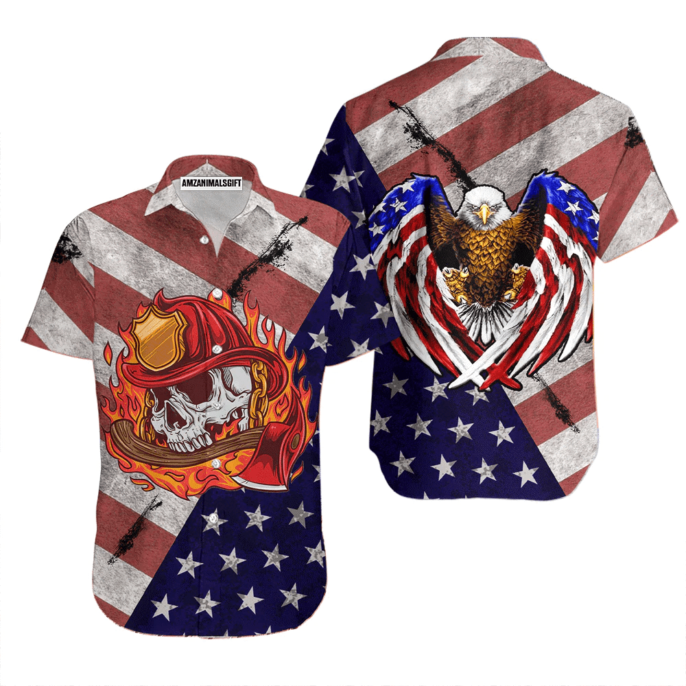 Firefighter Fire Fighter Skull Eagle American Flag Red And White Aloha Hawaiian Shirts For Men Women, 4th Of July Gift For Summer, Friend, Family - Amzanimalsgift