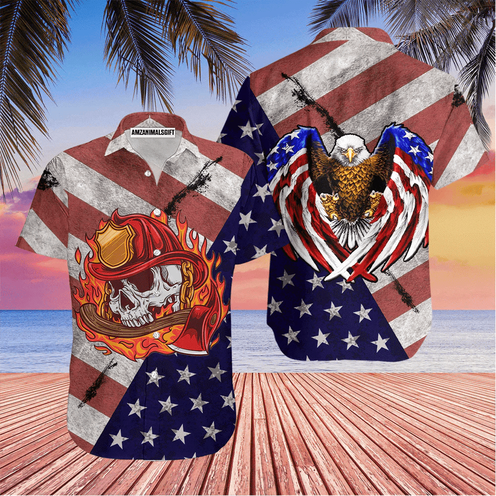 Firefighter Fire Fighter Skull Eagle American Flag Red And White Aloha Hawaiian Shirts For Men Women, 4th Of July Gift For Summer, Friend, Family - Amzanimalsgift