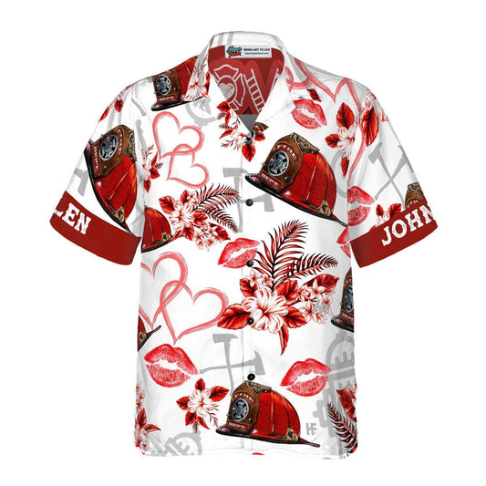 Firefighter Hawaiian Shirt Custom - Love Firefighter Helmet Valentine Personalized Heart Red Floral Firefighter Hawaiian Shirt - Gift For Lover, Friend, Family - Amzanimalsgift
