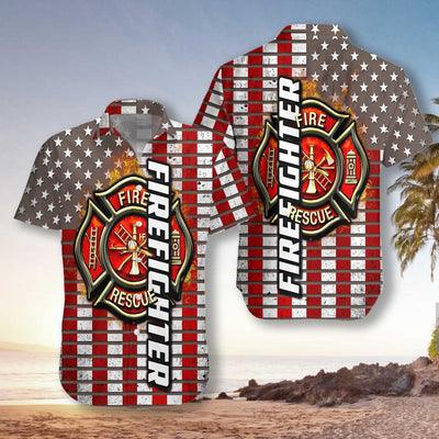 Firefighter Hawaiian Shirt, Firefighter Logo And Red American Flag Aloha Shirt For Men - Gift For Firefighter, Husband, Boyfriend, Family, Friends - Amzanimalsgift