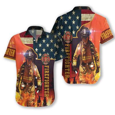 Firefighter Hawaiian Shirt, Firefighter With American Flag Aloha Shirt For Men - Gift For Firefighter, Husband, Boyfriend, Family, Friends - Amzanimalsgift