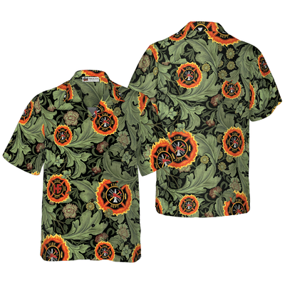 Firefighter Hawaiian Shirt, Floral And Leaves Fire Dept Logo Firefighter Aloha Shirt For Men - Gift For Firefighter, Husband, Boyfriend, Family, Friends - Amzanimalsgift
