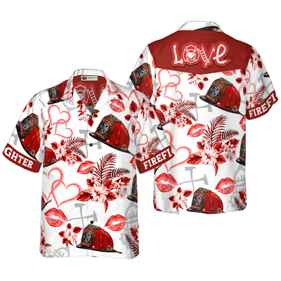Firefighter Hawaiian Shirt, Love Firefighter Helmet Valentine Aloha Shirt For Men - Gift For Firefighter, Husband, Boyfriend, Family, Friends - Amzanimalsgift