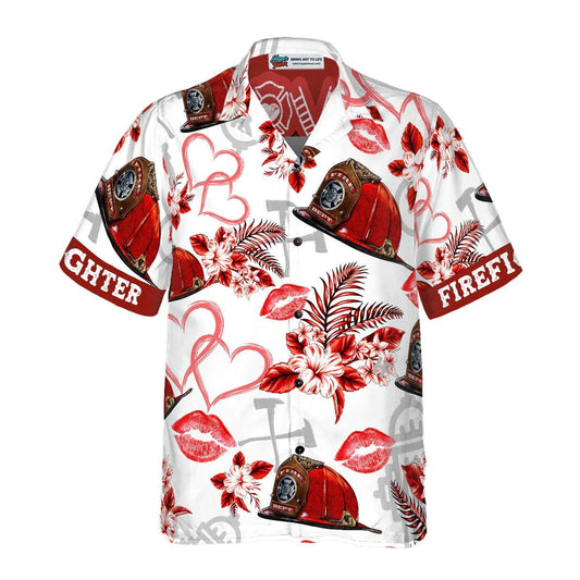 Firefighter Hawaiian Shirt, Love Firefighter Helmet Valentine Aloha Shirt, Pink Heart Red Floral Firefighter Hawaiian Shirt - Gift For Lover, Friend, Family - Amzanimalsgift