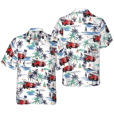 Firefighter Hawaiian Shirt, White Tropical Red Fire Truck Aloha Shirt For Men - Perfect Gift For Firefighter, Husband, Boyfriend, Friend, Family - Amzanimalsgift