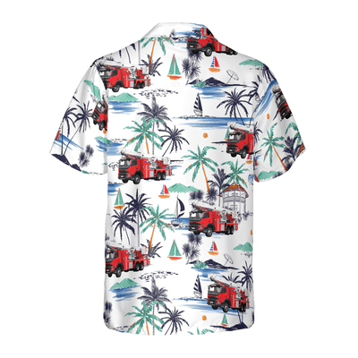 Firefighter Hawaiian Shirt, White Tropical Red Fire Truck Aloha Shirt For Men - Perfect Gift For Firefighter, Husband, Boyfriend, Friend, Family - Amzanimalsgift