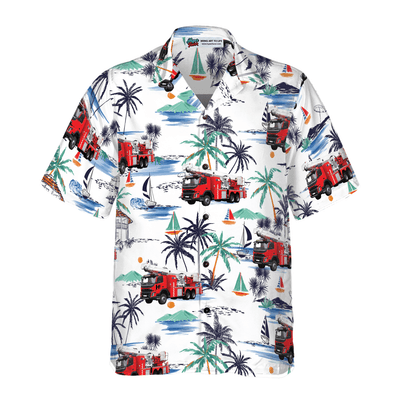 Firefighter Hawaiian Shirt, White Tropical Red Fire Truck Aloha Shirt For Men - Perfect Gift For Firefighter, Husband, Boyfriend, Friend, Family - Amzanimalsgift