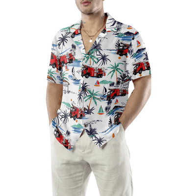 Firefighter Hawaiian Shirt, White Tropical Red Fire Truck Aloha Shirt For Men - Perfect Gift For Firefighter, Husband, Boyfriend, Friend, Family - Amzanimalsgift