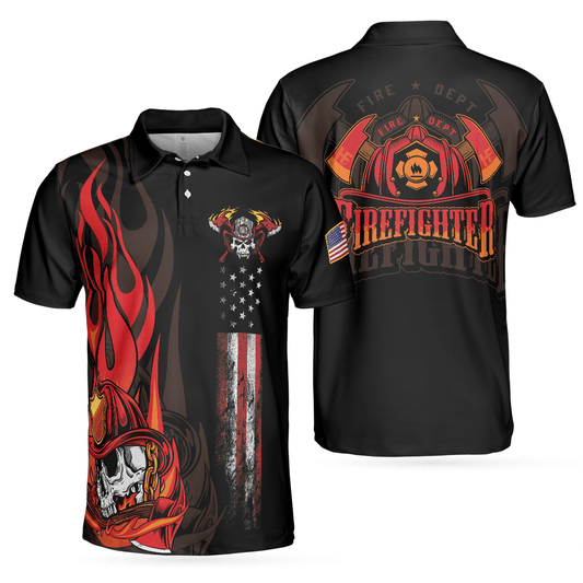 Firefighter Skull Flame Short Sleeve Men Polo Shirt, Black American Flag Firefighter Shirt For Men, Gift For Firefighter - Amzanimalsgift