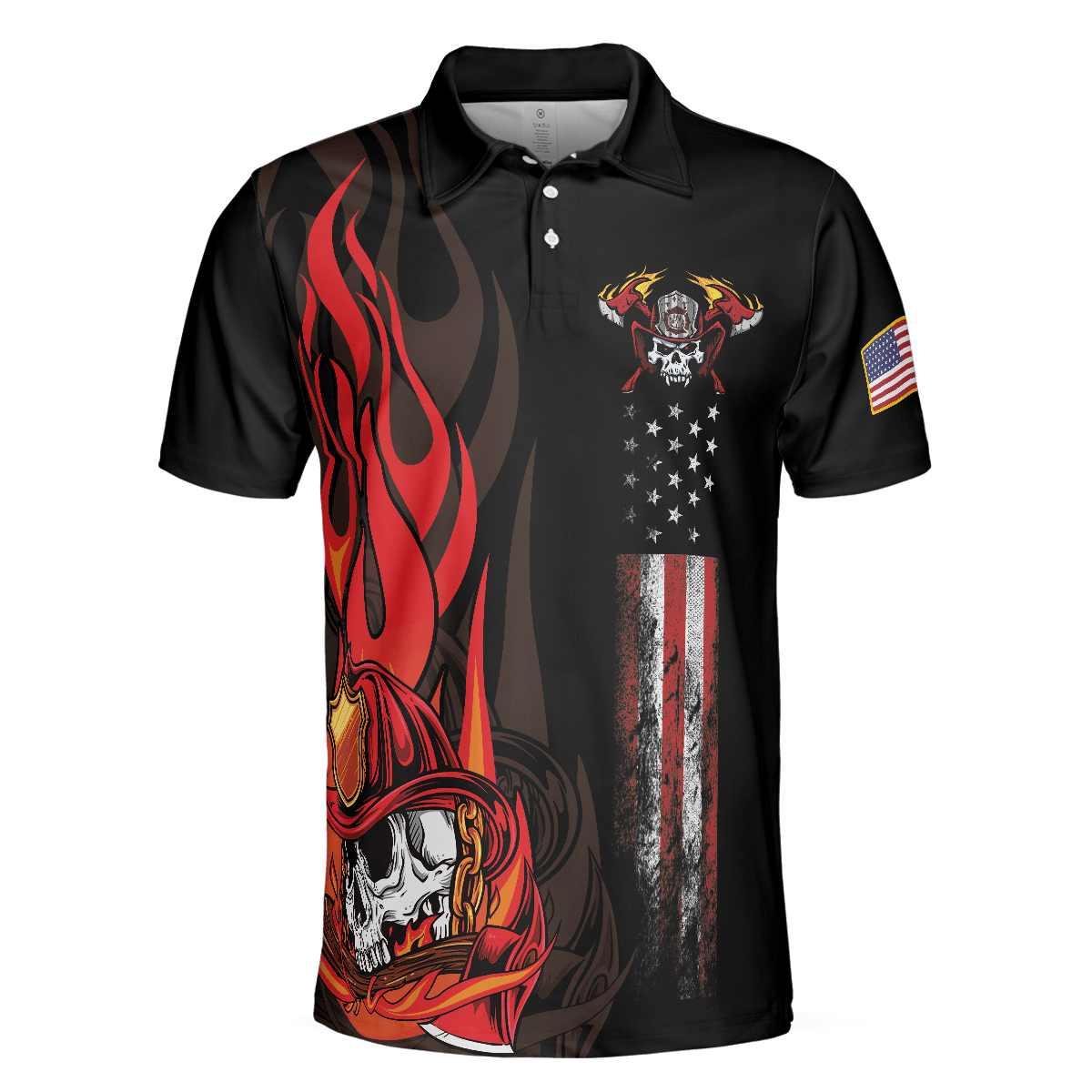 Firefighter Skull Flame Short Sleeve Men Polo Shirt, Black American Flag Firefighter Shirt For Men, Gift For Firefighter - Amzanimalsgift