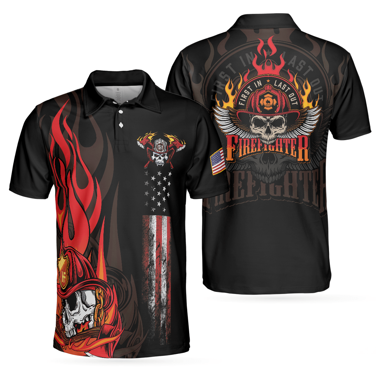 Firefighter Skull Flame Short Sleeve Men Polo Shirt, First In Last Out American Flag Firefighter Shirt For Men, Gift For Firefighter - Amzanimalsgift