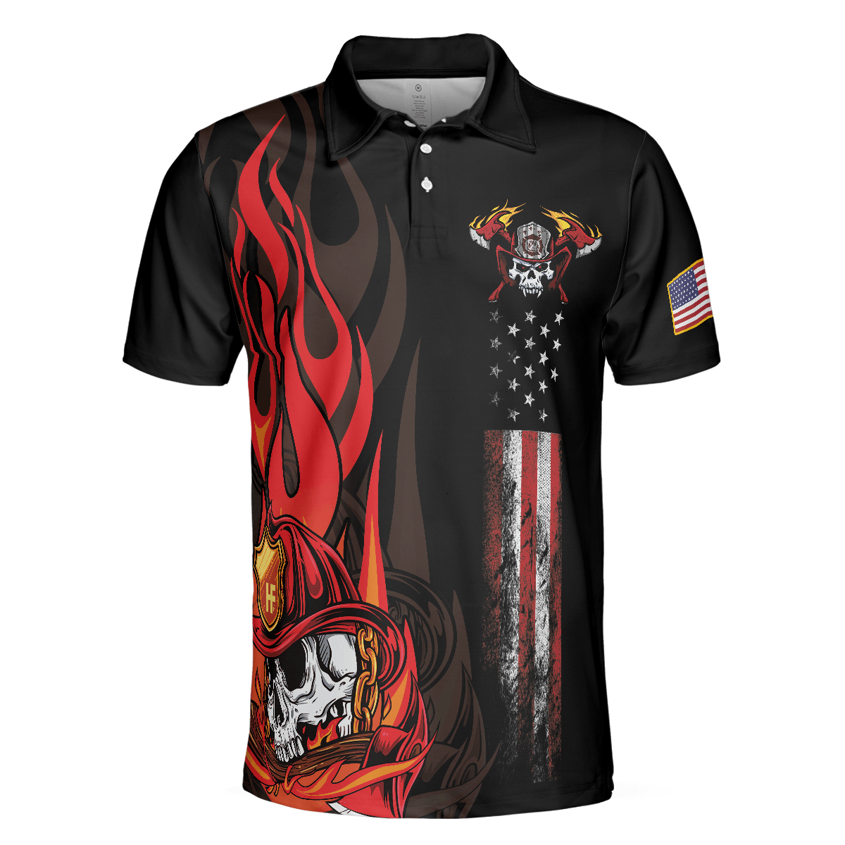 Firefighter Skull Flame Short Sleeve Men Polo Shirt, First In Last Out American Flag Firefighter Shirt For Men, Gift For Firefighter - Amzanimalsgift