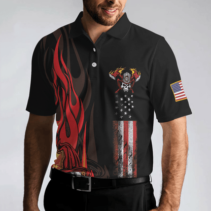 Firefighter Skull Flame Short Sleeve Men Polo Shirt, First In Last Out American Flag Firefighter Shirt For Men, Gift For Firefighter - Amzanimalsgift