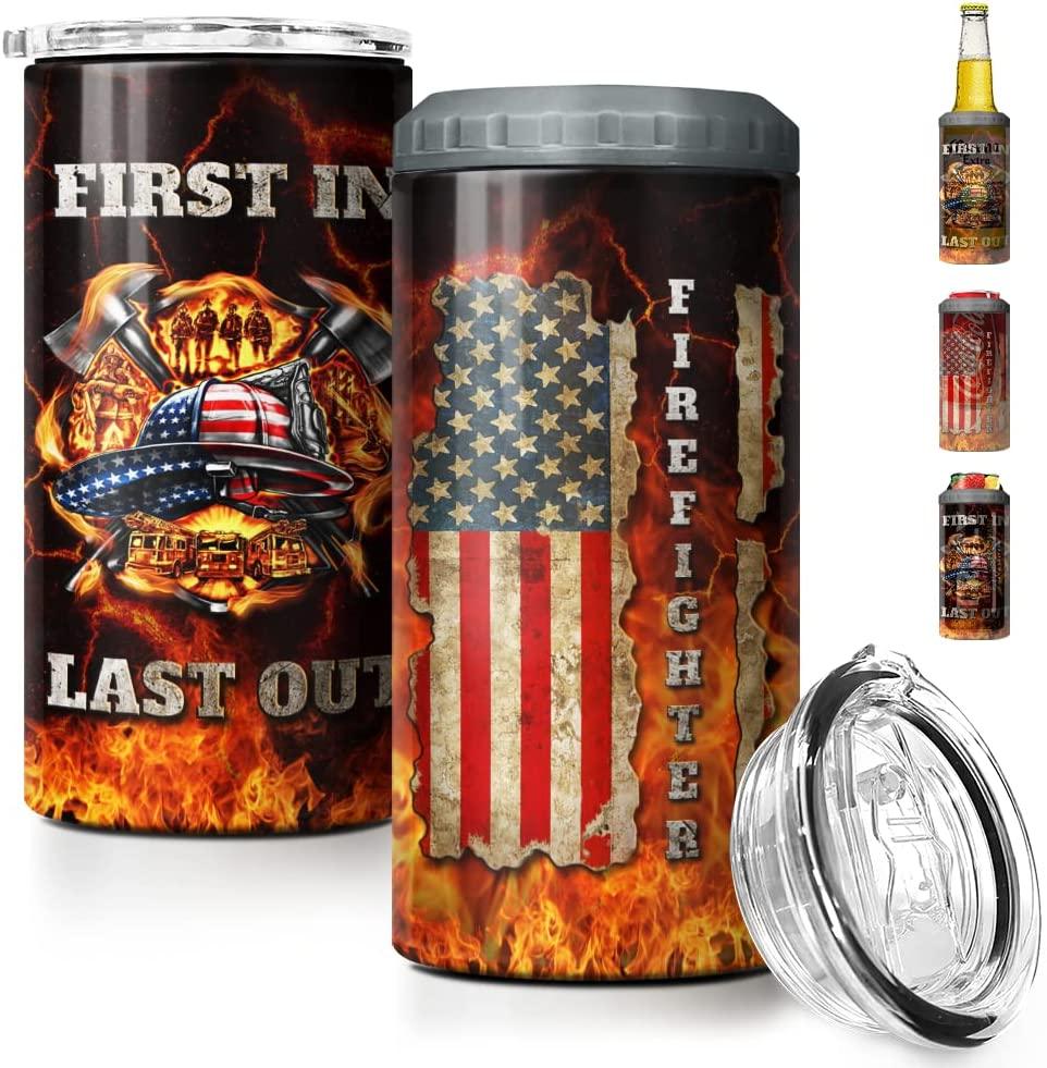 Firefighter US Independence Day Can Cooler Tumbler, Fireman Fire American Flag Cooler Tumbler, 4th Of July Gifts For Men Women, Veteran Day, Patriot - Amzanimalsgift