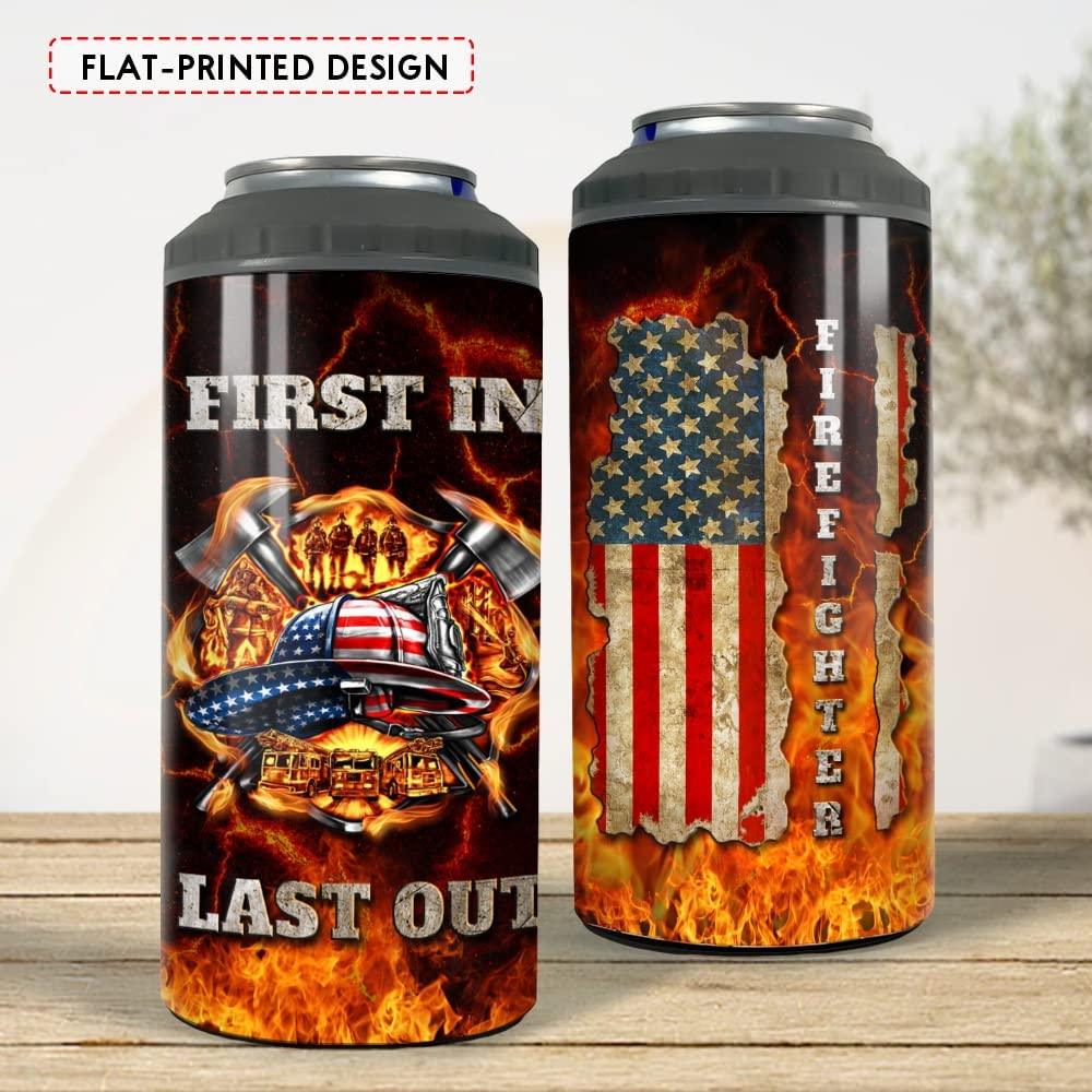 Firefighter US Independence Day Can Cooler Tumbler, Fireman Fire American Flag Cooler Tumbler, 4th Of July Gifts For Men Women, Veteran Day, Patriot - Amzanimalsgift