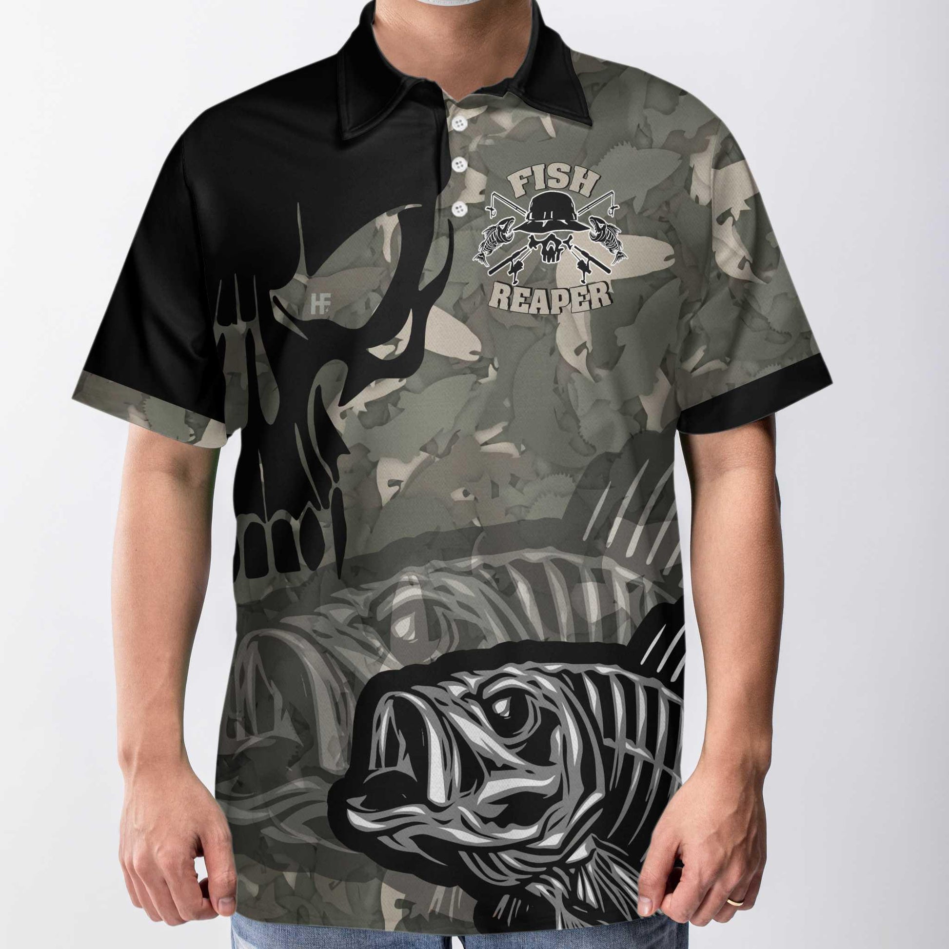 Fish Reaper Men Polo Shirt, Eat Sleep Fishing Repeat Skull Camouflage Polo Shirt, Camo Fishing Shirt For Men - Amzanimalsgift