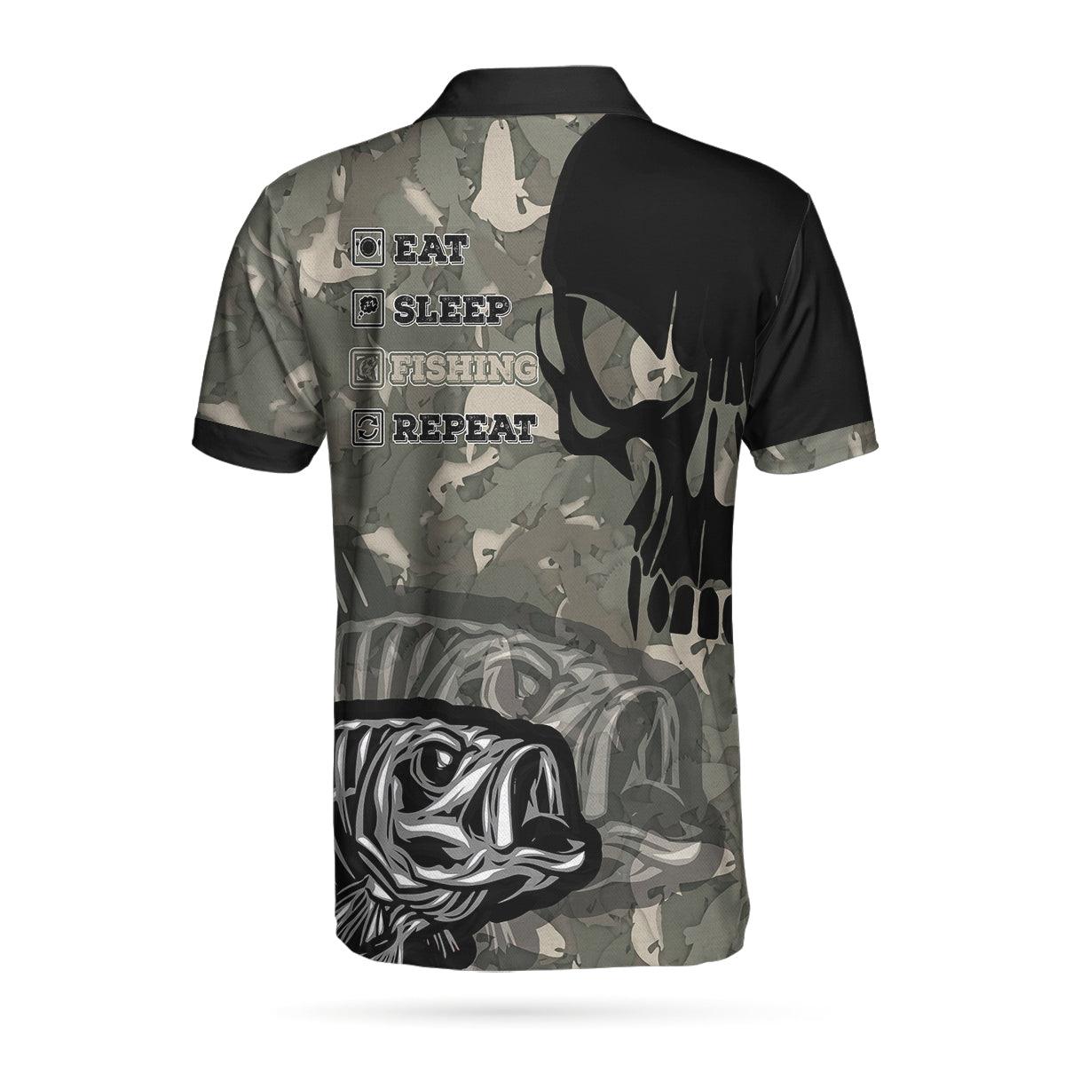 Fish Reaper Men Polo Shirt, Eat Sleep Fishing Repeat Skull Camouflage Polo Shirt, Camo Fishing Shirt For Men - Amzanimalsgift